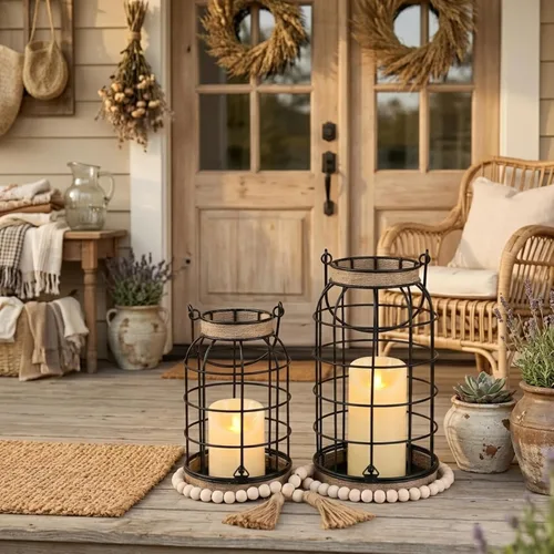 Vista 5 de Farol de vela rústico de granja, 2 faroles decorativos con velas