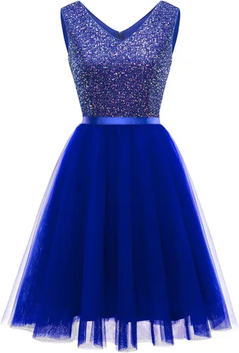 Vista 5 de Meetjen Vestido de cóctel de tul con lentejuelas para mujer, longitud hasta la rodilla, cuello en V, espalda en V, acampanado, vestido de fiesta