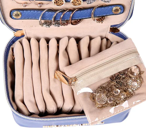 Vista 6 de Angelina's Palace Estuche organizador de joyas, regalos de dama de honor, bolsa de viaje, caja de cuero vegano para collar, aretes, pulsera