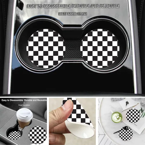 Vista 3 de Paquete de 2 posavasos a cuadros para automóvil, portavasos de automóvil de 2.75 pulgadas, tapete universal de goma antideslizante para bebidas