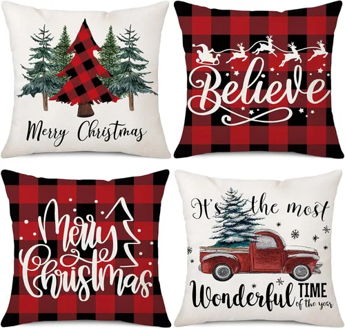 Vista 11 de Fundas de almohada de estilo navideño a cuadros de búfalo negro y blanco 45x45 centímetros (Negro a cuadros de búfalo)