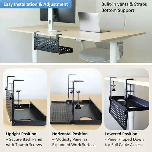 Vista 5 de AEONS Bandeja universal para organizar cables debajo del escritorio, montaje con abrazadera, organizador de panel modesto con bisagras