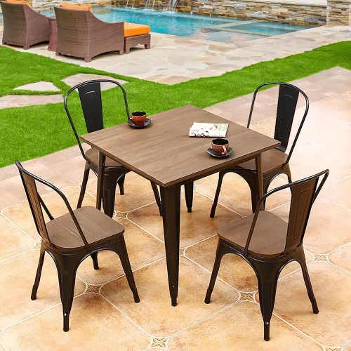 Vista 2 de Yaheetech Juego de sillas de patio de 4,18 pulgadas apilables de metal con asiento de madera para exteriores, capacidad de peso de 330 libras