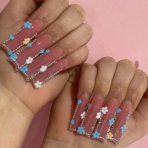 Vista 19 de MISUD Uñas a presión – Uñas cuadradas largas con pegamento rosa y negro, acrílico Y2K diseño de dijes de 24 piezas