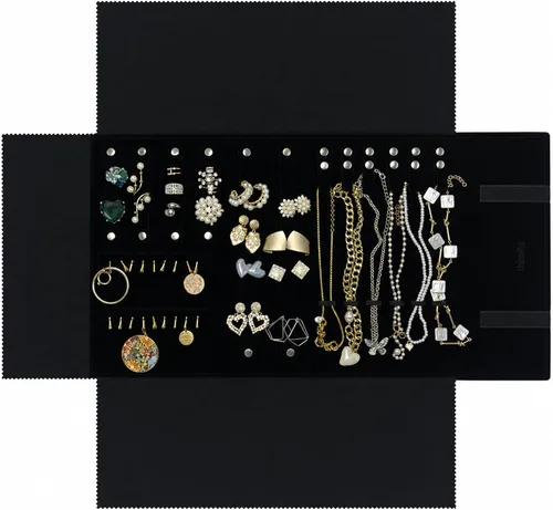 Vista 13 de UnionPlus - Estuche de terciopelo para joyería de viaje, bolsa enrollable para collares, pulseras, gran organizador de joyas para viajes, multi Beige