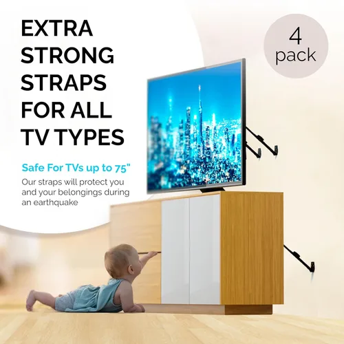 Vista 2 de Family Care Correas de seguridad para TV 4 paquetes+regalo - Correas de metal para muebles a prueba de bebés - Correas de TV de seguridad