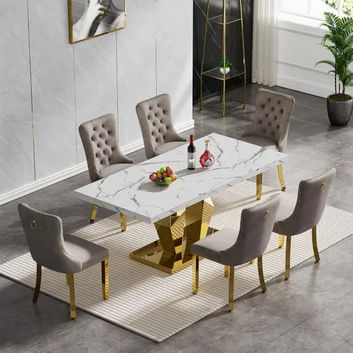 Vista 100 de Juego de mesa de comedor de mármol sintético, 7 piezas, juego de mesa de cocina y comedor para 6, mesa de comedor rectangular blanca de 70 pulgadas