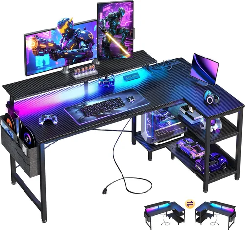Vista 11 de ODK Escritorio para juegos de 40 pulgadas con tomas de alimentación USB y luces LED, escritorio reversible en forma de L con estantes