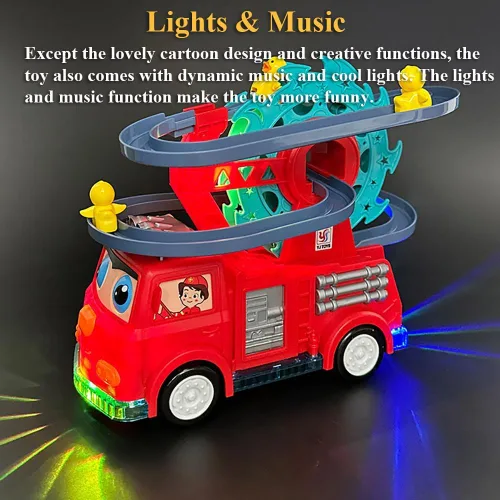 Vista 6 de Juguete deslizante de motor de bomberos 2 en 1 para niños – Juego interactivo para niños pequeños con música, luces, pista de carreras y noria