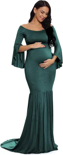 Vista 4 de ZIUMUDY Vestido de maternidad retro con hombros descubiertos y mangas acampanadas, vestido maxi de fotografía para baby shower