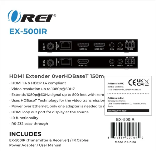 Vista 9 de OREI Extensor HDMI HDBaseT de 1080p a través de cable LAN Ethernet Cat5e/6, hasta 500 pies, compatible con HDCP 1.4, IR bidireccional, salida HDMI