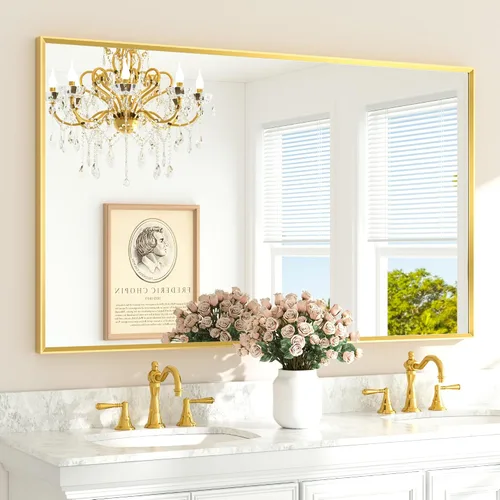 Vista 28 de TETOTE Espejo de baño dorado cepillado de 20" x 30", espejo de tocador de baño rectangular de latón dorado cepillado con marco biselado para sobre