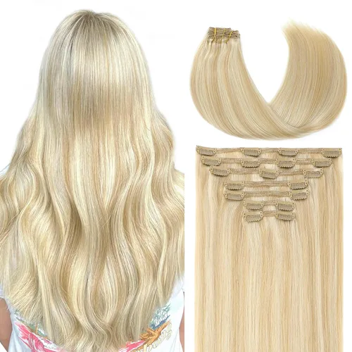 Vista 11 de VINBAO Extensiones de cabello humano con clip, balayage, color marrón ceniza a rubio caramelo, 14 pulgadas, 6 unidades, 3.53 onzas, 6
