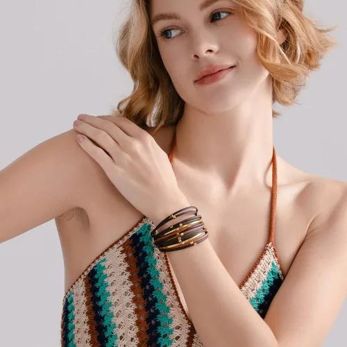 Vista 3 de FANCY SHINY Pulseras de cuero con cuentas, estilo bohemio, apilable, con cierre magnético