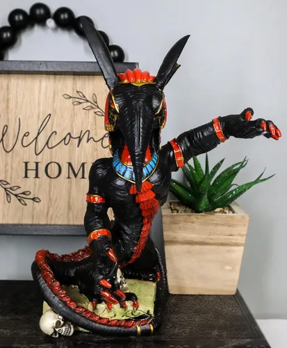 Vista 9 de Ebros Dios de la guerra egipcio pintado a mano Caos y tormentas Set o Seth de pie sobre calaveras y base jeroglífica estatua decorativa Dios