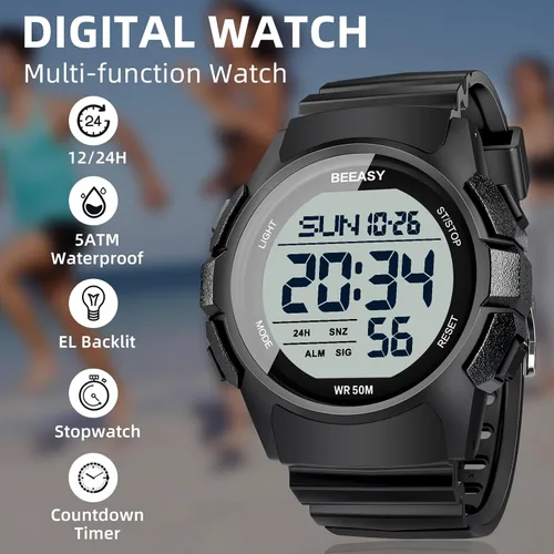 Vista 3 de Beeasy Reloj deportivo digital para hombre, reloj impermeable con cronómetro, temporizador de cuenta regresiva, función de alarma, correa de goma