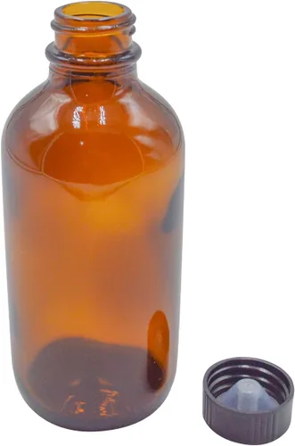 Vista 2 de U-Pack Botellas redondas Boston de vidrio ámbar de 4 onzas con tapa acanalada negra, paquete de 12