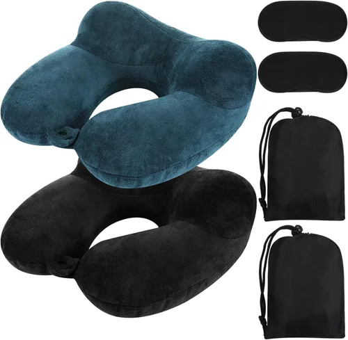 Vista 13 de Sintuff Paquete de 2 Almohadas de Viaje Inflables para Aviones Almohadas de Vuelo Inflables para el Cuello con Bolsa Compacta y Antifaz para Viajar