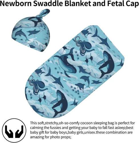 Vista 5 de Manta envolvente para recién nacido, con diseño de delfines, tiburones, ballena, pulpo, manta suave con gorro, regalos para niños y niñas