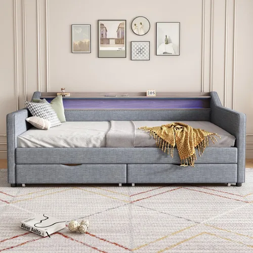 Vista 3 de Sofá cama individual con 2 cajones de almacenamiento, cama tapizada con LED y estación de carga USB para sala de estar, dormitorio, habitación
