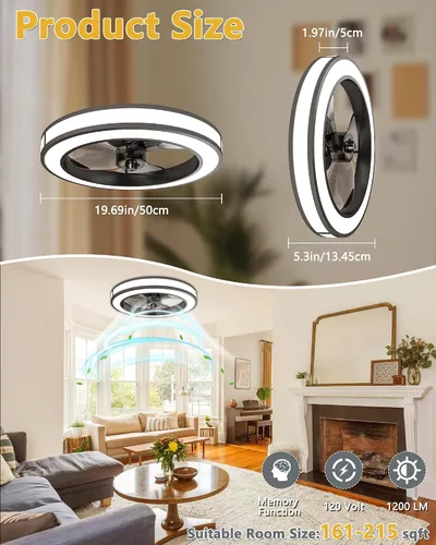 Vista 2 de Ventiladores de techo con luces y control remoto, ventilador de techo de perfil bajo de 20 pulgadas con aplicación Tuya y control de voz