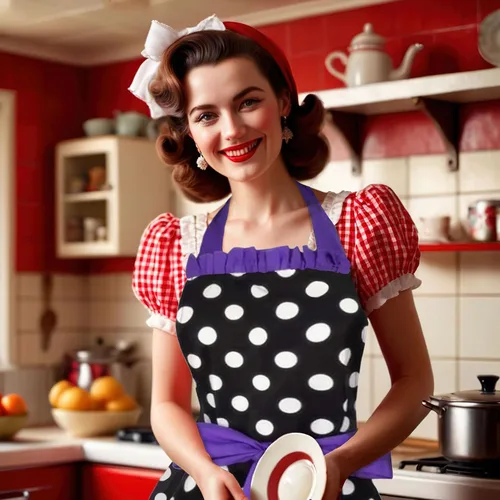 Vista 2 de Delantales de cocina para mujer, retro, vintage, niña, lunares, cocinar, delantal, vestido de Navidad (amarillo punto)