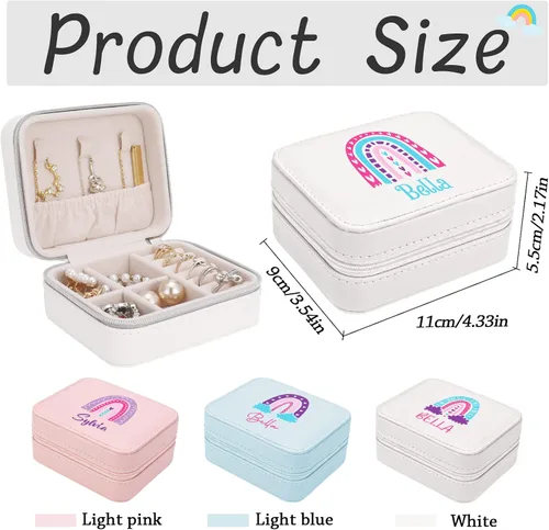 Vista 3 de Party-rainday Joyero de cuero personalizado, caja de joyería arcoíris para niña, estuche de viaje pequeño organizador de joyas, regalo de bautizo