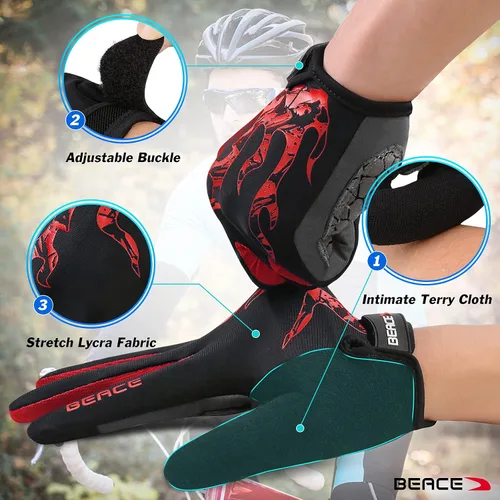 Vista 5 de BEACE Guantes de ciclismo, guantes de ciclismo para hombres y mujeres, con pantalla táctil, guantes de bicicleta de montaña con dedo completo