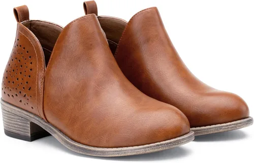 Vista 4 de VEPOSE botas al tobillo para mujer con tacón bajo y grueso, con perforaciones, botas de vaquero