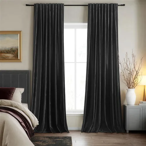 Vista 8 de Cortinas opacas de terciopelo de felpa negras de 63 pulgadas de largo para dormitorio, juego de 2 paneles de forro con bolsillo para barra, pestaña