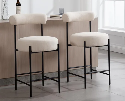 Vista 7 de EALSON Moderno juego de 2 taburetes de bar tapizados de lino con respaldo abierto curvo/asiento redondo, cómodas sillas de bar para isla de cocina