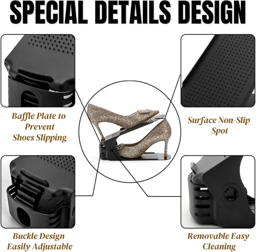 Vista 5 de Noamus Paquete de 24 ranuras para zapatos, apiladores de zapatos ajustables de 4 niveles, soporte de almacenamiento de zapatos de doble cubierta
