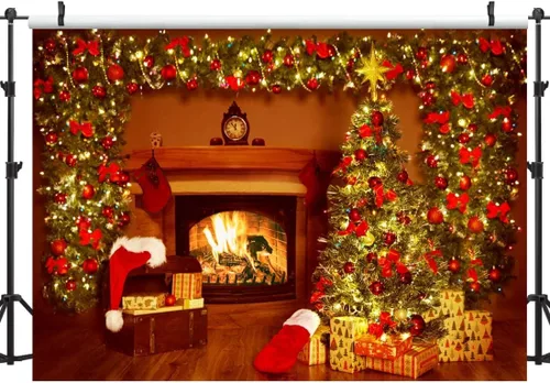 Vista 4 de Lofaris Telón de fondo de Navidad para chimenea, interior vintage, medias de árbol de Navidad, estrellas brillantes, fondo para fotografía, retrato