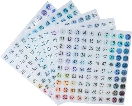 Vista 7 de 10 hojas de calcomanías de números del 1 al 100 unidades, autoadhesivas de 0.39 pulgadas, pequeñas etiquetas láser reflectantes impermeables
