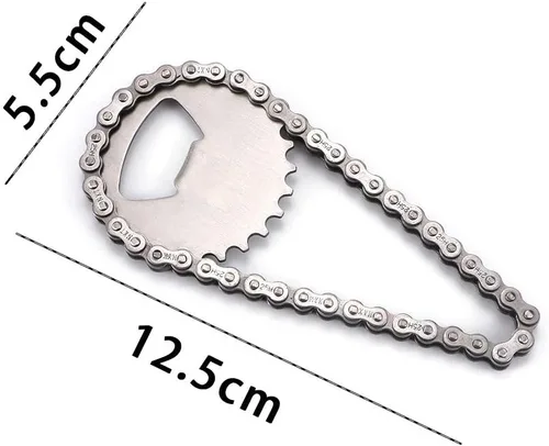 Vista 5 de Pokinge Abrebotellas con engranaje de cadena, abridor de cerveza de metal plateado, novedad para bicicleta, cadena de bebidas, abrebotellas