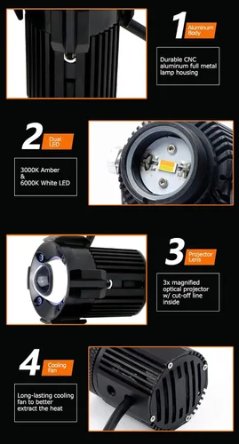 Vista 8 de iJDMTOY Juego de luz antiniebla de proyector LED mini de 20 W de alta potencia de 1 pulgada de color blanco/amarillo dual, ajuste universal