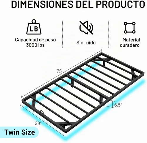 Vista 2 de Base de cama de metal flotante de tamaño individual con luces LED inteligentes y estación de carga, base de cama de plataforma de metal, no necesita