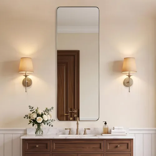 Vista 54 de ANDY STAR Espejo de pared cuadrado para baño, espejo de baño negro mate de 24 x 24 pulgadas, espejo de metal de esquina redondeada en marco de acero