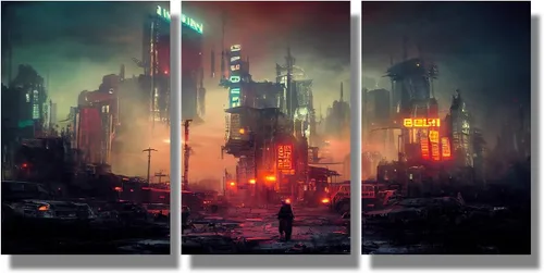 Vista 38 de Lienzo decorativo para pared, diseño de ciudad futurista Cyberpunk para sala de estar, impresión multipanel, obra de arte de cocina, pintura