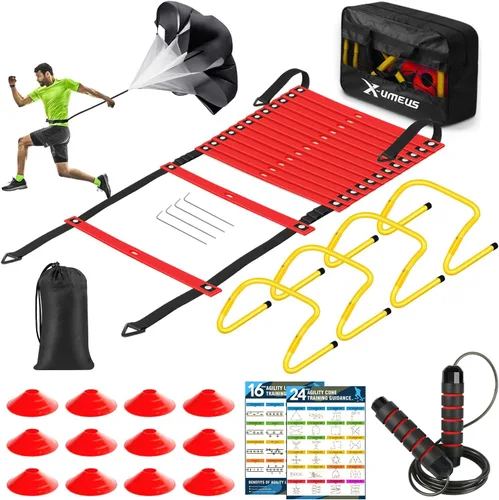 Vista 10 de X-UMEUS Agility Ladder Speed Training Equipment Set-20ft Agility Ladder,12 Soccer Cones,4 Hurdles, Jump Rope, Running Parachute Basketball Football