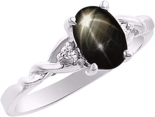 Vista 3 de Rylos Anillo para mujer con forma ovalada piedra preciosa de zafiro de estrella negra y diamantes brillantes genuinos en plata de ley 925 - piedra