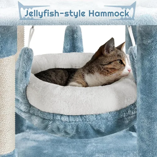 Vista 8 de Yaheetech Árbol para gatos con temática oceánica de 61 pulgadas de alto, torre para gatos de varios niveles con nido en forma de boca de tiburón