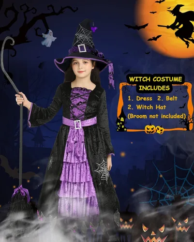 Vista 2 de SKCAIHT Disfraz de bruja para niñas con sombrero disfraz de bruja de Halloween para niñas pequeñas