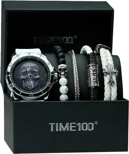 Vista 6 de TIME100 Reloj de calavera para hombre con juego de pulsera apilable, correa de silicona