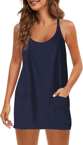 Vista 4 de MRGIINRI Vestidos de verano para mujer 2023 sin mangas, mini vestido con cuello en V, tirantes delgados, vestido corto atlético con bolsillos