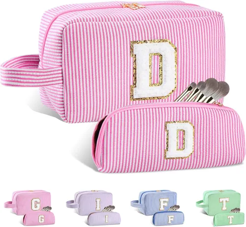 Vista 25 de Bolsa de maquillaje personalizada con inicial A-Z para mujeres, niñas y niños, bolsa de aseo de viaje, bolsa de maquillaje preparada, bolsa