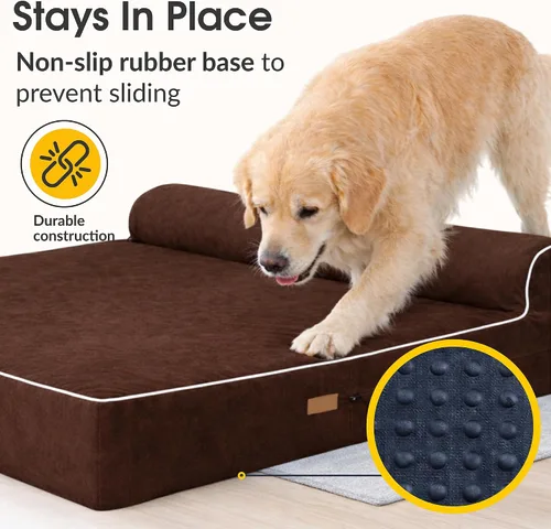 Vista 8 de KOPEKS Cama ortopédica de espuma viscoelástica para perros de 7 pulgadas de grosor, cama extragrande para perros con almohada, color marrón, 50 x 34