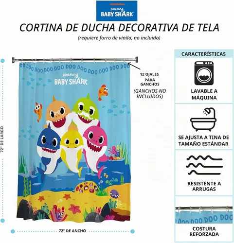 Vista 2 de Franco Cortina de ducha de tela decorativa para baño, 72 x 72 pulgadas, Baby Shark Tiburón bebé