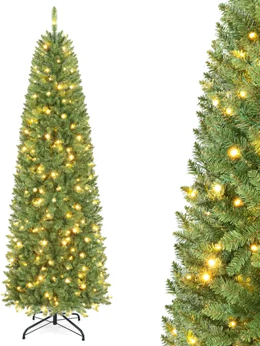 Vista 28 de GOFLAME Árbol de Navidad Artificial Preiluminado de 6 Pies, Árbol de Navidad Delgado con Cobertura de Nieve y Forma de Lápiz con Luces LED
