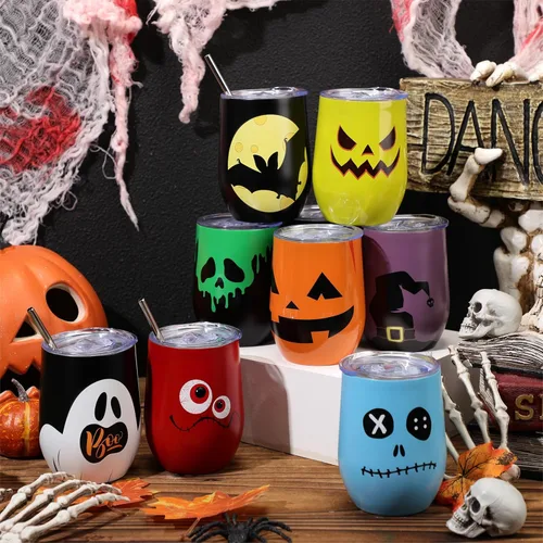 Vista 5 de Roshtia 10 vasos de Halloween de 12 onzas, regalos con popote y tapa, calabaza, gato, fantasma, bruja, Halloween, suministros de fiesta